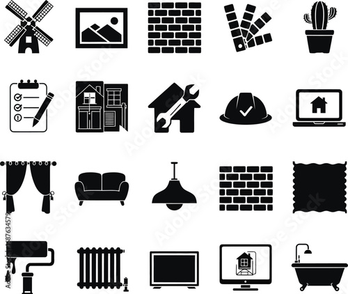 Collection of black and white icons representing home renovation and interior design elements