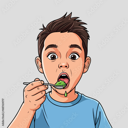 Young boy eating with expressive face shows someone eating. Boy eating green food with spoon appears surprised, his wide-open mouth and shocked expression convey either disgust or strong flavor.