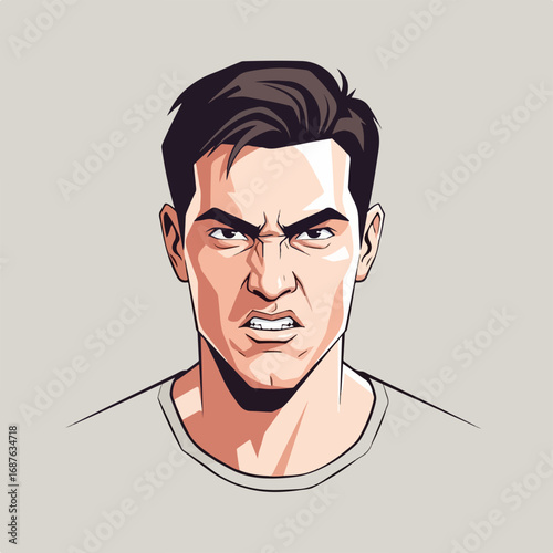 Angry man portrait, expressive male face, showing intense frustration. The angry man displays a furrowed brow and tense facial features, communicating strong emotion.