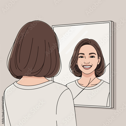 Reflection in mirror shows smiling woman with cheerful expression. Reflection is about self acceptance, and viewing inner beauty instead of perceived flaws.