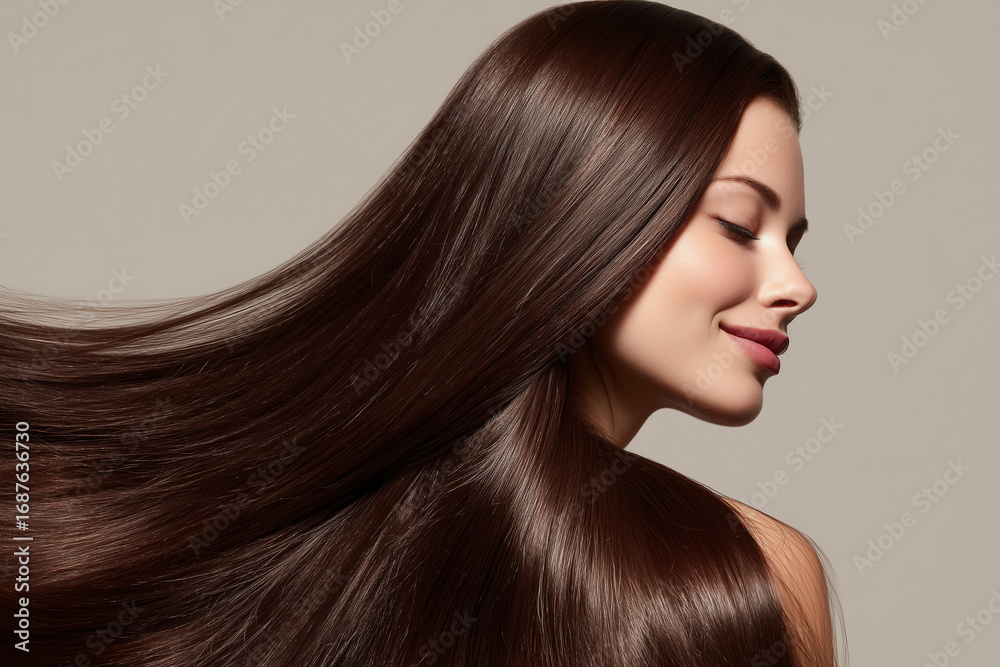 Obraz premium Girl with long, shiny hair gracefully posing against a neutral background during a beauty photoshoot Generative AI