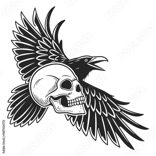 A raven in flight carrying a human skull in its talons, depicted in black and white on a white background