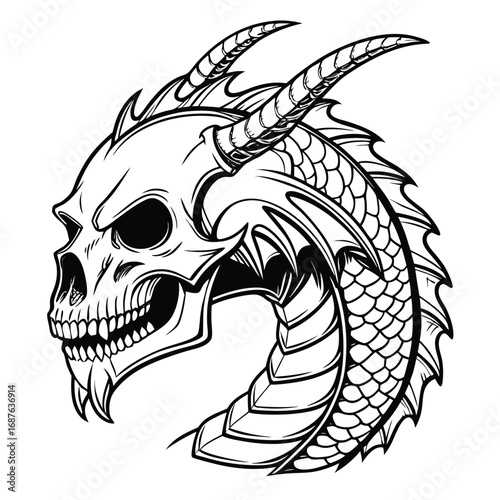 Black and white illustration of a fearsome dragon skull with sharp horns and scales, on a white background