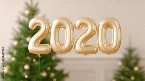 Golden balloons display number 2020 against festive background w