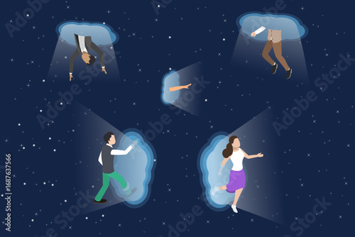 3D Isometric Flat Vector Illustration of Magic Portal, Individuals Entering Teleport Portal Against A Backdrop Of Outer Space