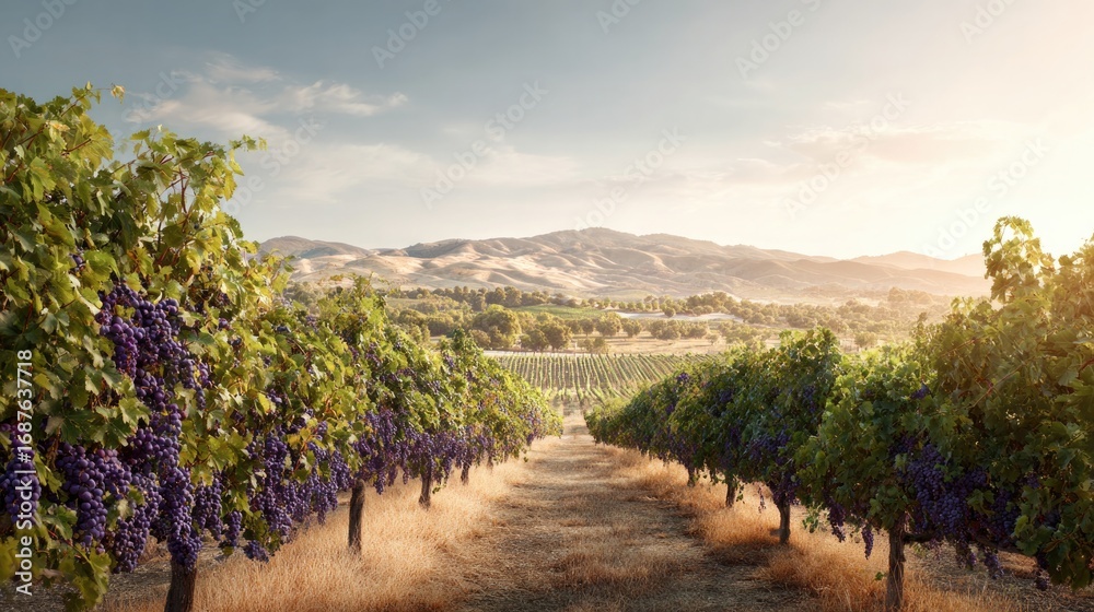 Naklejka premium Sunlit vineyard stretches across rolling hills, showcasing ripe