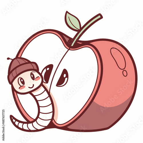 Cute Cartoon Worm Peeking Out of a Happy Apple Slice with a Leafy Stem fruit
