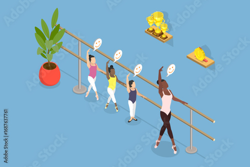 3D Isometric Flat Vector Illustration of Ballet Classes, Informational Flyer Promoting Dance School Event