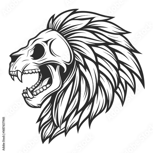 Fierce Lion Skull Roaring with Mane in Black and White Vector Art Keywords: lion, skull, roaring, head, mane, animal, wild, predator, fierce, aggressive, danger, strength, power, gothic, dark