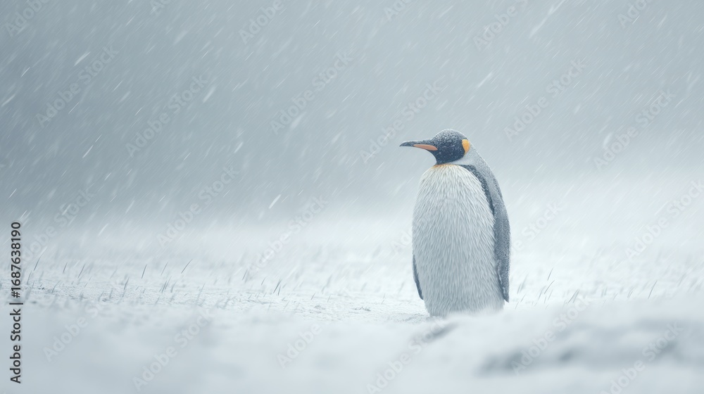 Fototapeta premium Emperor Penguin Standing in Snowstorm in Cold Icy Environment