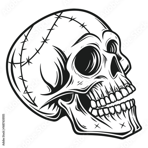 Grinning Human Skull with Barbed Wire Detail in a Bold Black and White Illustration skeleton teeth