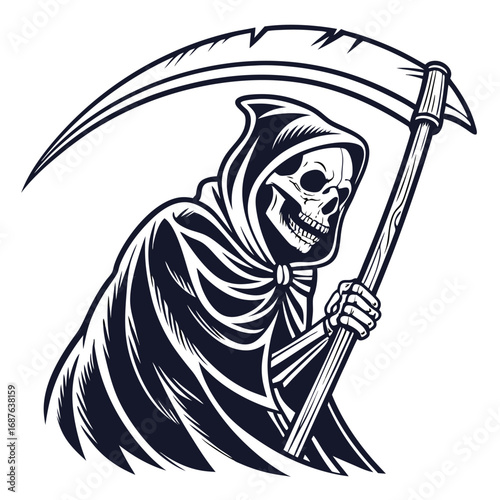 Grim Reaper with a scythe in a hooded cloak illustration death skeleton