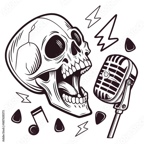 Skull singing into a vintage microphone with musical notes and lightning bolts on a white background Keywords: skull, skeleton, music, singing, microphone, vintage, retro, rock and roll, concert