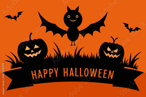 Cute halloween bat and pumpkins with happy halloween banner