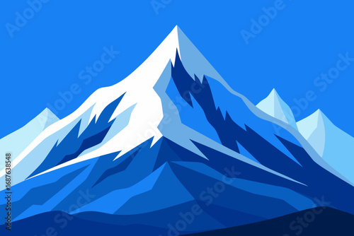 Stylized snowy mountain peaks under a clear blue sky