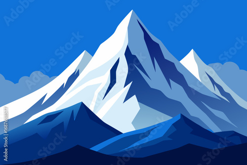 Stylized snowy mountain peaks under a clear blue sky