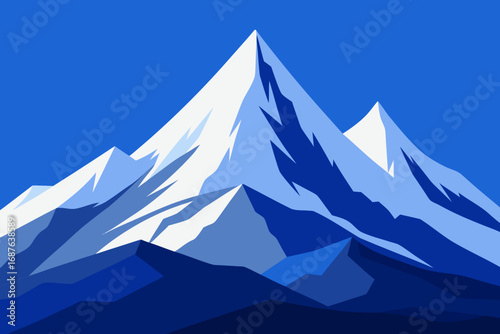 Stylized snow capped mountains against a deep blue sky