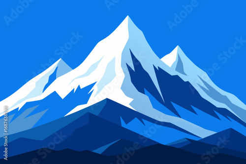 Stylized snow capped mountains under a clear blue sky