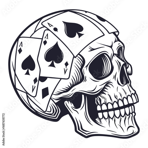 Skull with playing cards Ace of Spades and Ace of Diamonds on a white background Keywords: skull, skeleton, death, playing cards, ace of spades, ace of diamonds, gambling, poker, casino, luck