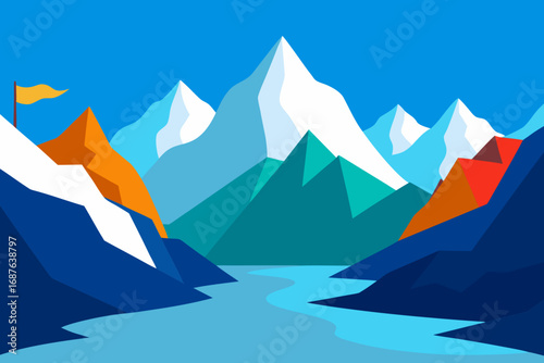Stylized mountain landscape with a winding river and summit flag