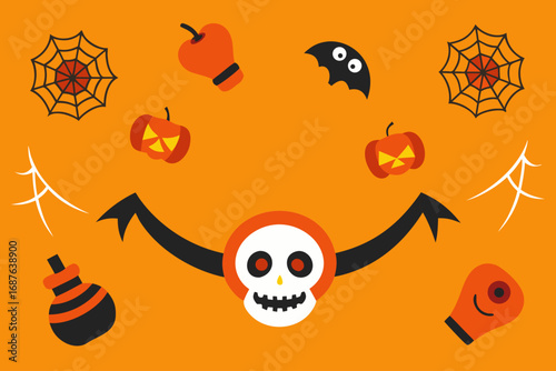 Cute halloween icons on an orange background