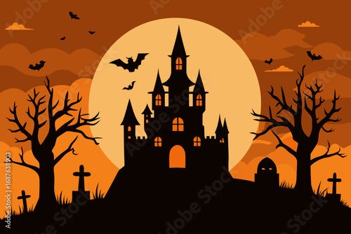 Spooky halloween castle silhouette with bats and graveyard