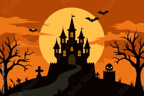 Spooky halloween castle silhouette under a full moon