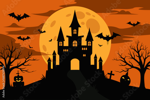 Spooky halloween castle silhouette under a full moon with bats