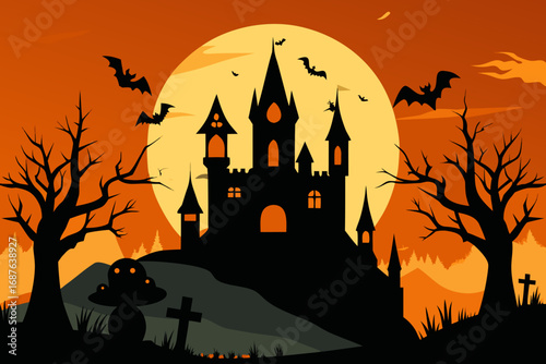 Spooky halloween castle silhouette under a full moon