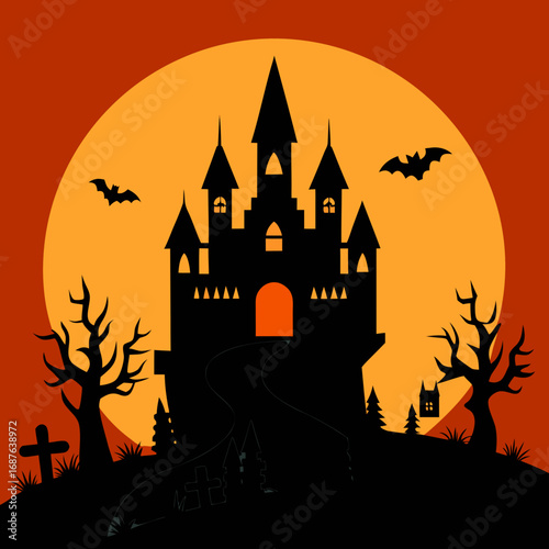 Spooky halloween castle silhouette under a giant orange moon