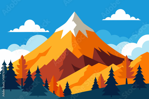 Vibrant mountain landscape with evergreen trees and clouds