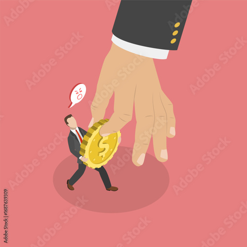 3D Isometric Flat Vector Illustration of Salary Deduction, Government And Bank Steal Final Funds From Entrepreneur.