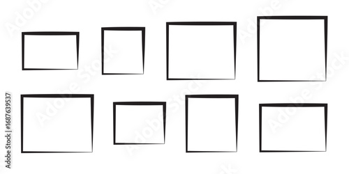 A grid empty black photo frames creatively arranged on a white wall, ready for artistic or photographic display. Empty photo frame for mockup. 3D rendering.