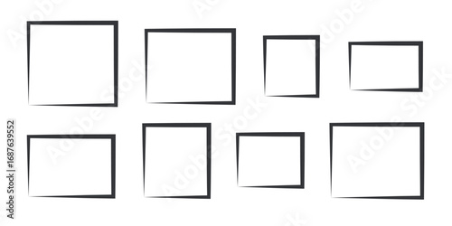 A grid empty black photo frames creatively arranged on a white wall, ready for artistic or photographic display. Empty photo frame for mockup. 3D rendering.