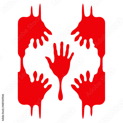 Red handprints dripping down a white background