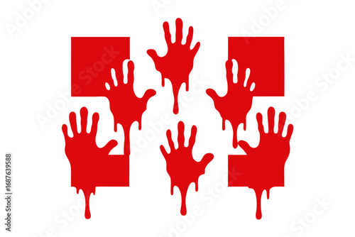 Red handprints drip blood over white squares