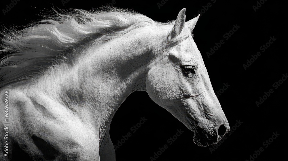 Obraz premium White horse in profile against a dark background highlighting its features and flowing mane