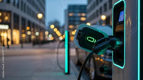 Wallpaper Mural Electric Vehicle Charging at Night in City - Close-up view of an electric vehicle charging at a public station in a city at night. A person in a suit walks by in the blurred background. Torontodigital.ca