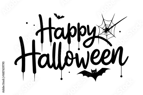 Happy halloween spooky text with bats and spiderweb
