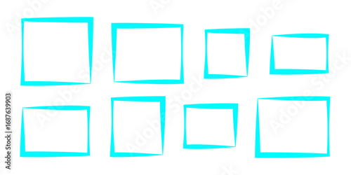A grid empty black photo frames creatively arranged on a white wall, ready for artistic or photographic display. Empty photo frame for mockup. 3D rendering.