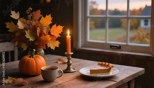 Pumpkin pie and tea by the window on an autumn evening with candles by the window in a farmhouse