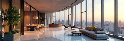 Modern condo office building with sleek architecture and expansive windows, offering stunning city views and luxurious amenities , windows, city, efficiency