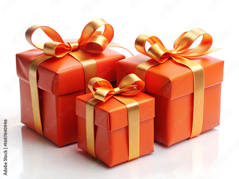 Fototapeta premium Three orange gift boxes tied with golden ribbons, perfect for any special occasion isolated on white background