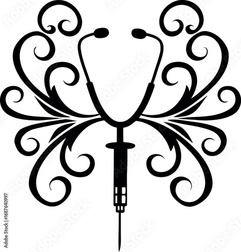 This black and white image features a stylized stethoscope and syringe at its center, resembling a medical emblem. Ornate, 