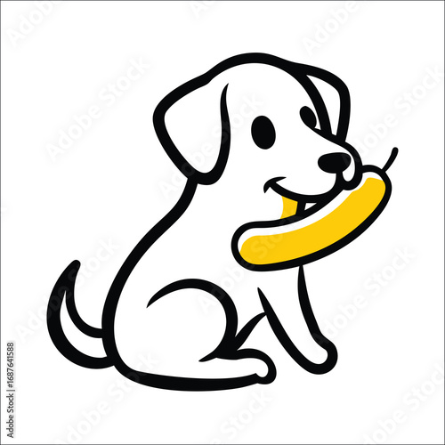 A cute cartoon illustration of a white puppy dog sitting and holding a yellow banana in its mouth.