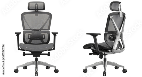 Modern ergonomic office chair with grey mesh back adjustable headrest and armrests shown from front and side views.