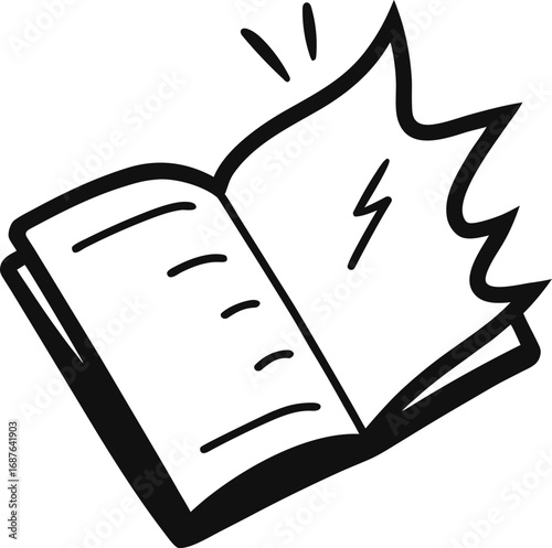Open book with pages turning quickly and a lightning bolt symbol representing an idea or knowledge isolated on white background isolated on transparent background silhouette