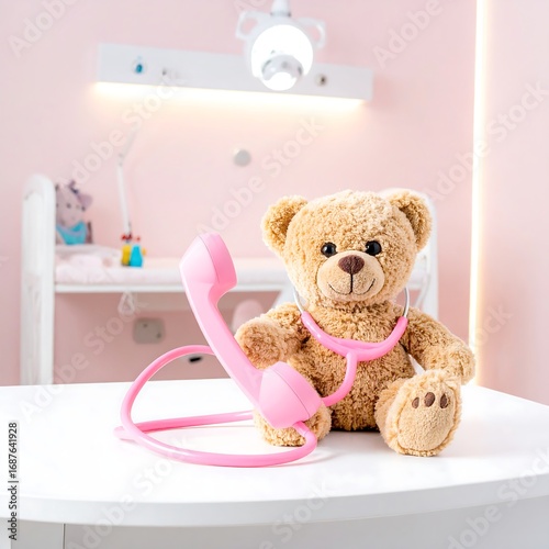 Teddy bear with stethoscope on a white table in a pink room