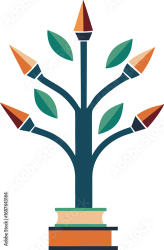 Stylized tree with colorful pencil tips as leaves and branches growing from a stack of books isolated on white background isolated on transparent background silhouette