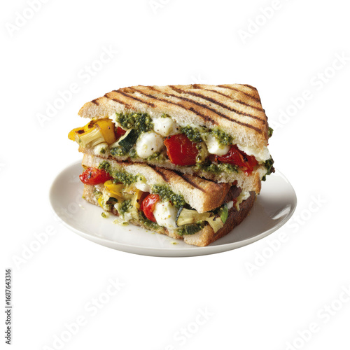 Delicious Grilled Pesto Veggie and Mozzarella Sandwich on White Plate
